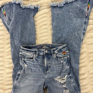 American Eagle Outfitters PRIDE Frayed Blue Flare Jeans